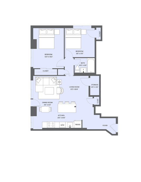Floor plan for 2 beds, 1 bath